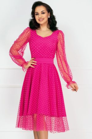 Rochie eleganta de ocazie ciclam acoperita de tulle cu buline 1