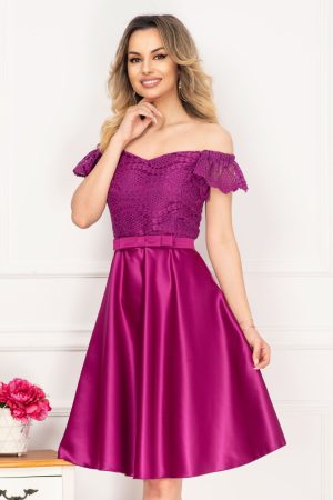 Rochie eleganta de ocazie magenta cu broderie aplicata si funda 1