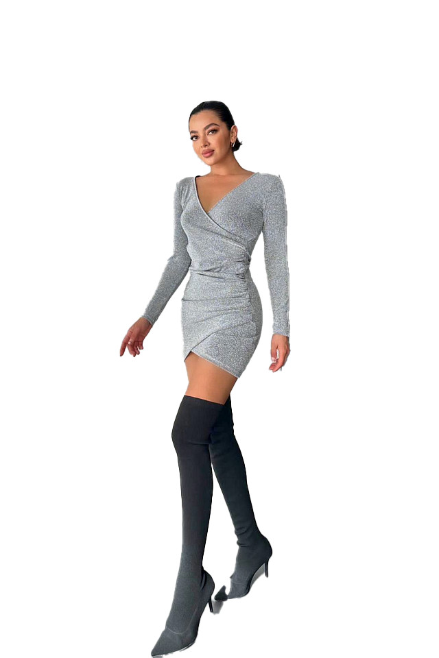 Rochie eleganta Liuba, cu croiala asimetrica, bodycon si fronseuri, Argintiu 5