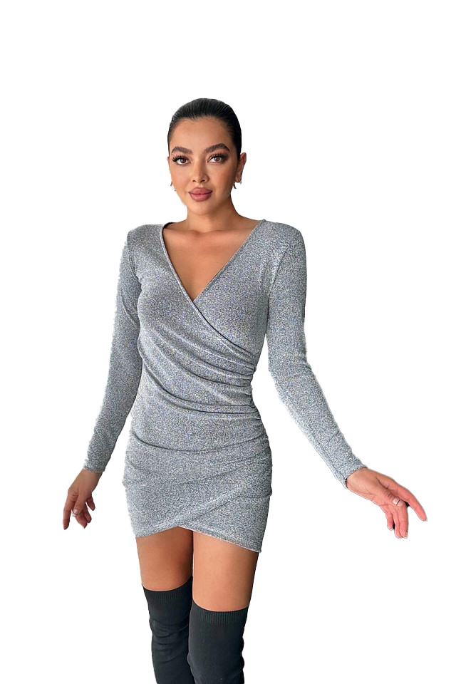 Rochie eleganta Liuba, cu croiala asimetrica, bodycon si fronseuri, Argintiu 1