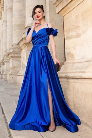 Rochie eleganta lunga de seara albastru royal Moon cu trandafiri 3D 1