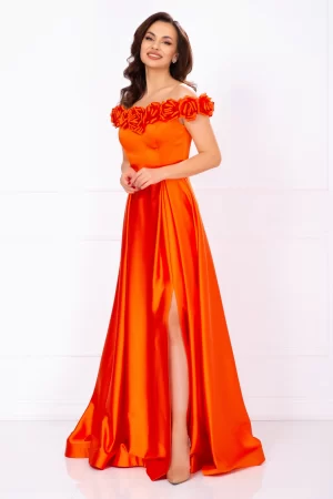Rochie eleganta lunga Penelope orange cu trandafiri pretiosi 1
