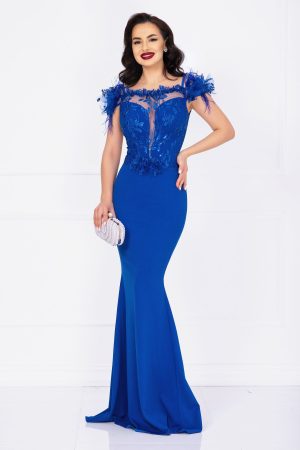 Rochie eleganta Noely albastru royal cu broderie pretioasa si fulgi 1
