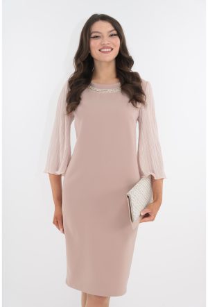 Rochie eleganta roz-pudra cu maneci din matase plisata 1