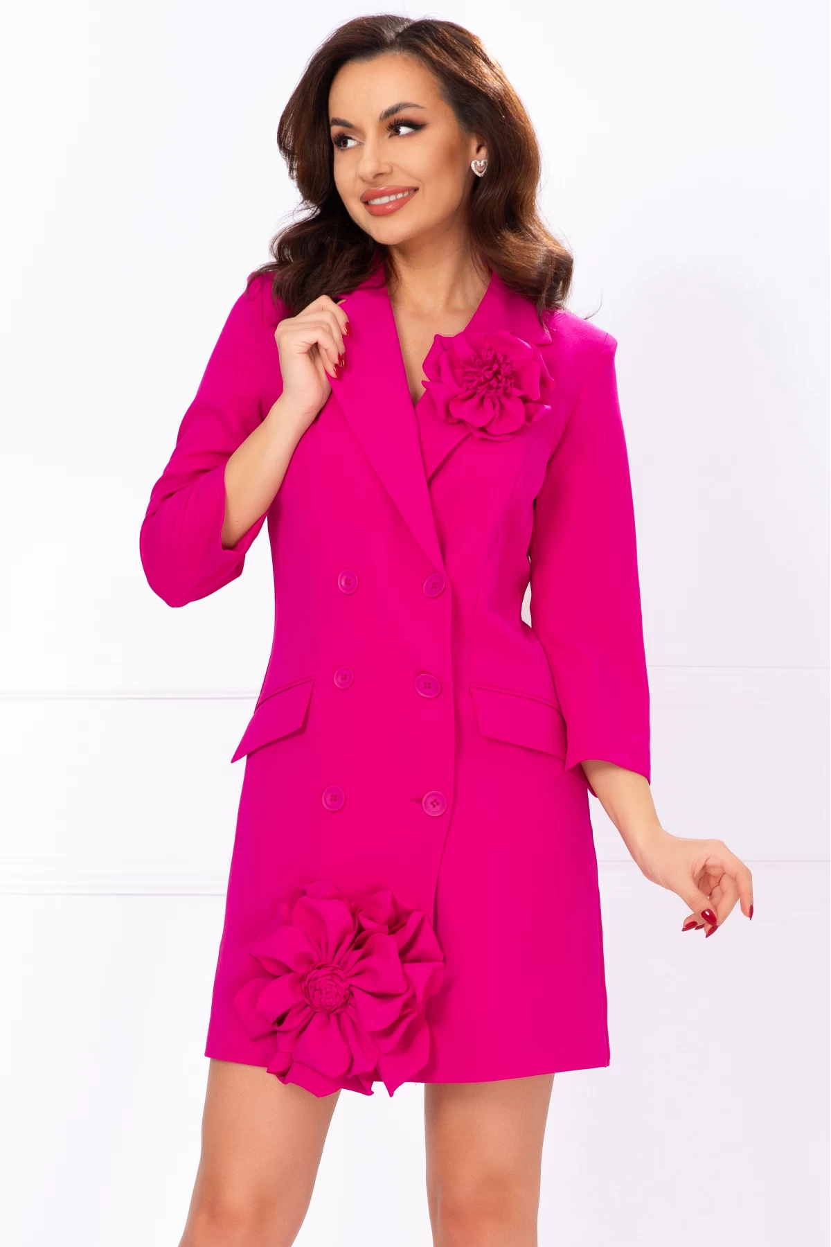 Rochie eleganta tip sacou fucsia cu flori pretioase 3D 4