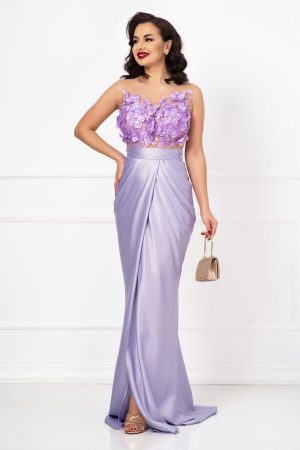 Rochie eleganta tip sirena Claire lila cu flori 3D si fronseuri 1