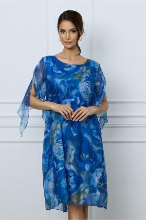 Rochie Elina albastra din voal cu imprimeu kaki 1
