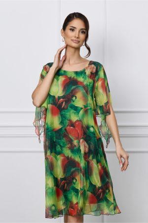 Rochie Elina verde din voal cu imprimeu corai 1