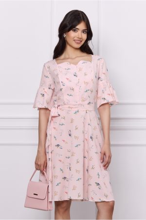 Rochie Elisa roz cu imprimeu floral albastru si cordon in talie 1
