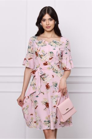Rochie Elisa roz cu imprimeu floral si cordon in talie 1