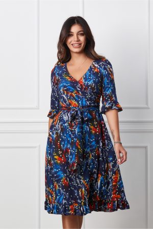 Rochie Ella Collection Adena albastra cu imprimeuri orange si cordon in talie 1