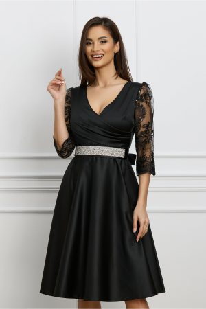 Rochie Ella Collection Adria neagra cu dantela si paiete si cordon in talie 1