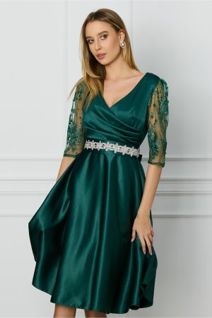 Rochie Ella Collection Adria verde cu dantela si paiete si cordon in talie 1