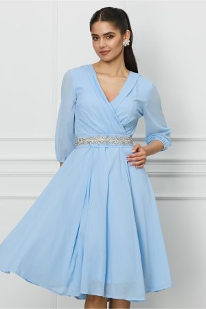 Rochie Ella Collection Julia bleu cu glitter si cordon cu strasuri 1