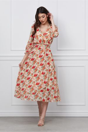 Rochie Ella Collection Olga ivory cu imprimeu floral corai si cordon in talie 1