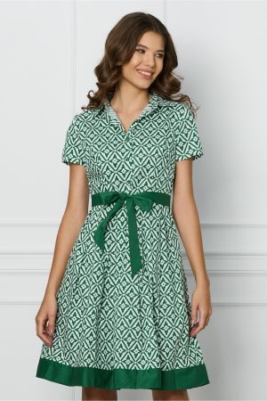 Rochie Emma alba cu imprimeuri verzi si cordon in talie 1