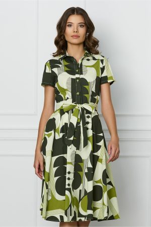 Rochie Emma kaki cu imprimeuri bej si cordon in talie 1