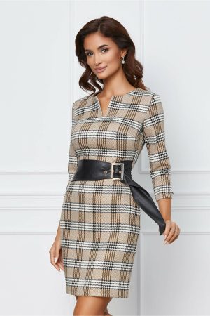Rochie Emora bej cu imprimeu si curea in talie 1