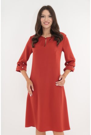 Rochie evazata caramizie cu maneci bufante si perlute 1