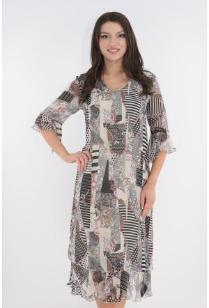 Rochie evazata din voal cu print abstract multicolor 1