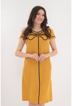 Rochie evazata mustar accesorizata cu banda satinata neagra 1