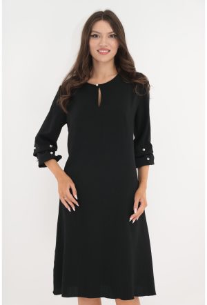Rochie evazata neagra cu maneci bufante si perlute 1