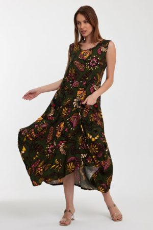 Rochie fara maneci kaki, lalea, in colturi, cu imprimeu, din vascoza 1