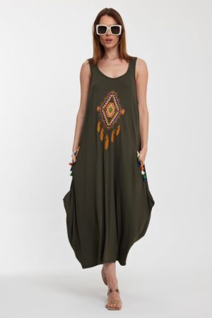 Rochie kaki fara maneci, cu broderie, din tricot de vascoza 1