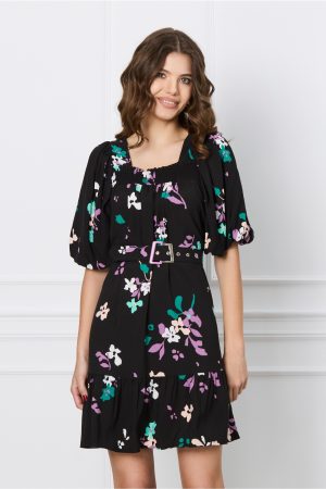 Rochie Felicia neagra cu imprimeuri si curea in talie 1