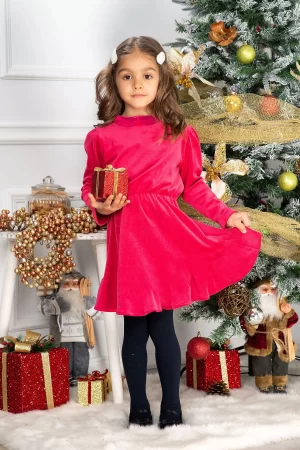 Rochie fetita din catifea fucsia Fiolla in clos cu guler 1