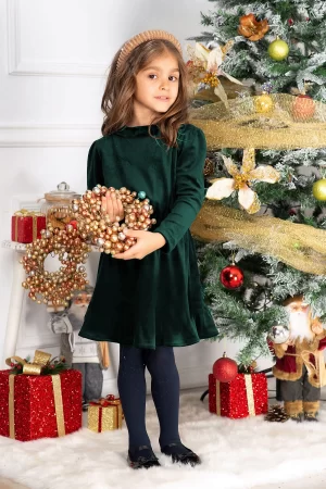 Rochie fetita din catifea verde Fiolla in clos cu guler 1