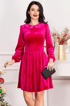 Rochie fucsia din catifea Fiolla in clos cu guler 1