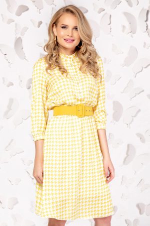 Rochie Pretty Girl galbena cu imprimeu pepit si curea in talie 1