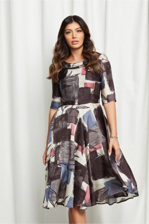 Rochie Gianina gri cu imprimeuri albastre si bej 1