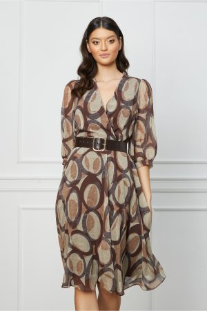 Rochie Gianina maro cu imprimeuri bej si curea in talie 1