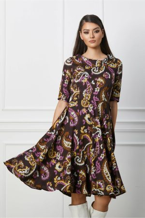 Rochie Gianina maro cu imprimeuri mov si galbene 1