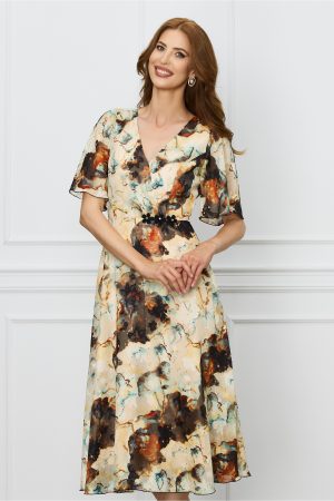 Rochie Ginette bej cu imprimeuri si aplicatii florale in talie 1