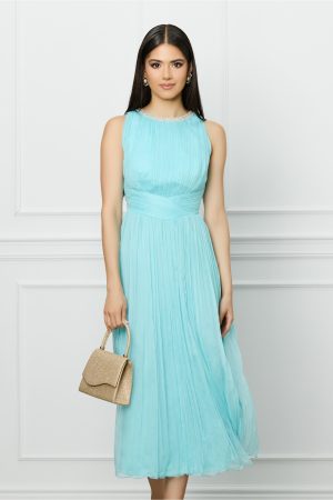 Rochie Ginette bleu din matase cu perle la decolteu 1