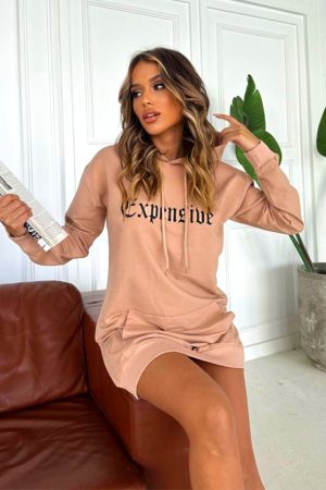 Rochie hanorac Expensive cu gluga si buzunare, Bej 1