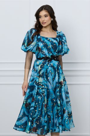 Rochie Ilona albastra cu imprimeuri aurii 1