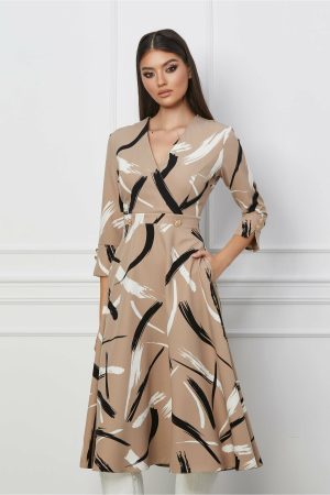 Rochie Ilona bej cu imprimeuri negru si nasturi in talie 1