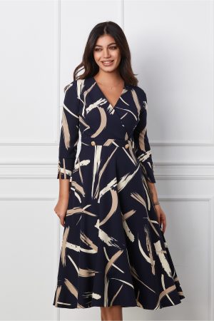 Rochie Ilona bleumarin cu imprimeuri bej si nasturi in talie 1