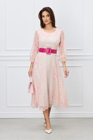 Rochie Ilona ivory cu imprimeuri fucsia si curea in talie 1