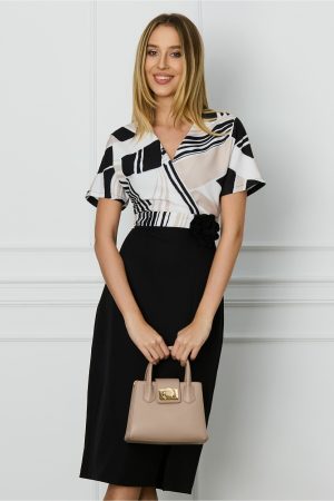 Rochie Ilona neagra cu imprimeu bej la bust si floare in talie 1