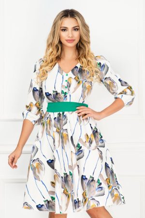 Rochie InPuff de zi ecru in clos cu imprimeu floral tip pictura 1