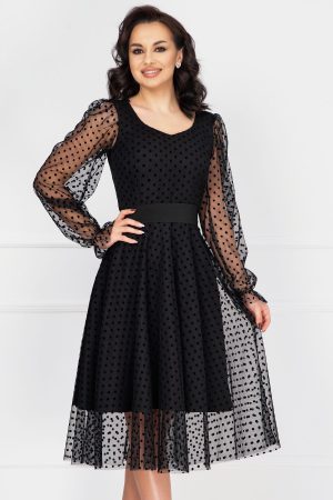 Rochie eleganta de ocazie neagra acoperita de tulle cu buline 1