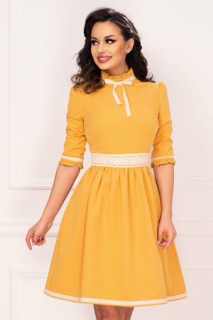 Rochie InPuff eleganta mustar in clos cu broderie si guler inalt 1