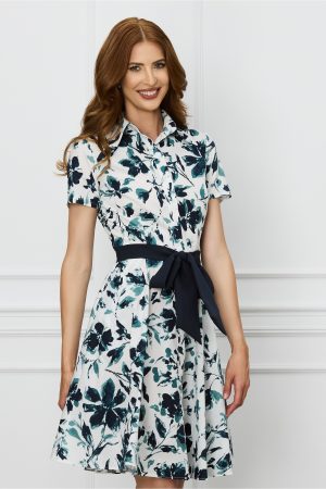 Rochie Ioana alba cu imprimeuri bleumarin si cordon in talie 1