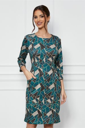 Rochie Irina turcoaz cu imprimeuri bej si buzunare 1