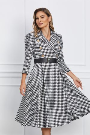 Rochie Iris alba cu imprimeu pepit si curea in talie 1